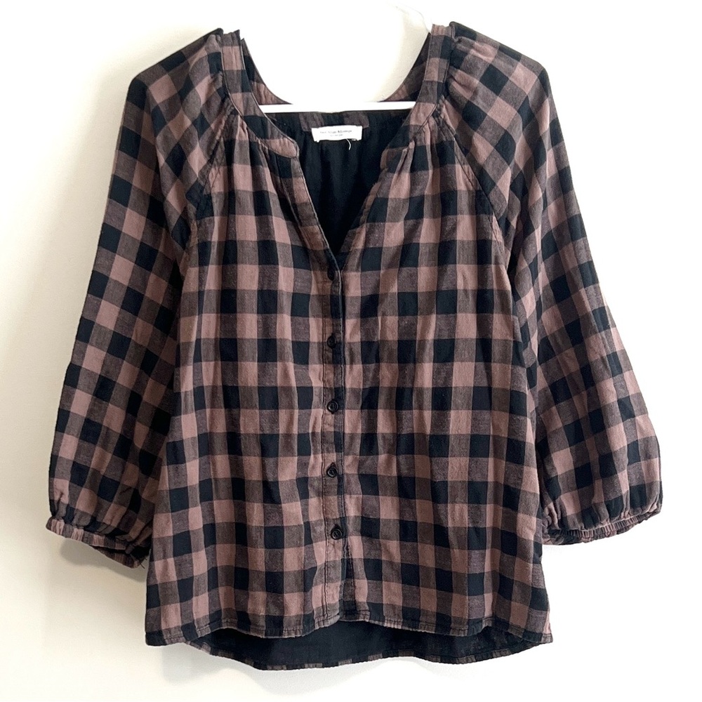 BeachLunchLounge Plaid Button Front 3/4 Sleeve Blouse